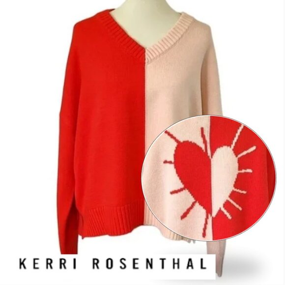 Kerri Rosenthal Sweaters - Kerri Rosenthal Sweater XL Heart Colorblock V-Neck Knit Red Pink